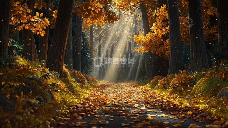 高清大图下载【趣麦麦图】秋日森林阳光照耀小路