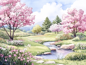 粉色花树下的溪流田园