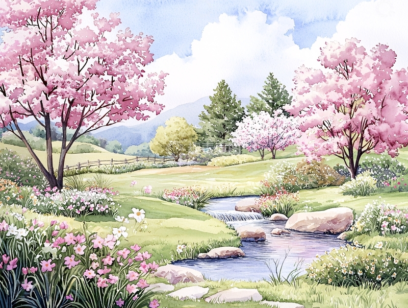 高清大图下载【趣麦麦图】粉色花树下的溪流田园