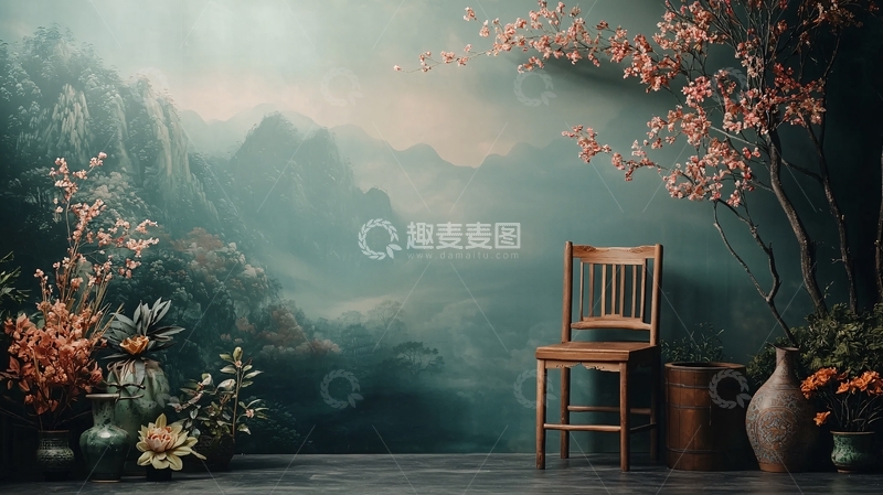 高清大图下载【趣麦麦图】雾中山水间的椅子