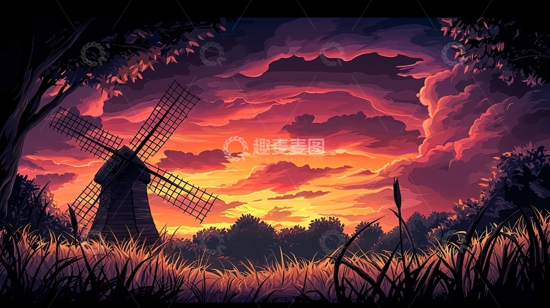高清大图下载【趣麦麦图】日落时分的风车剪影