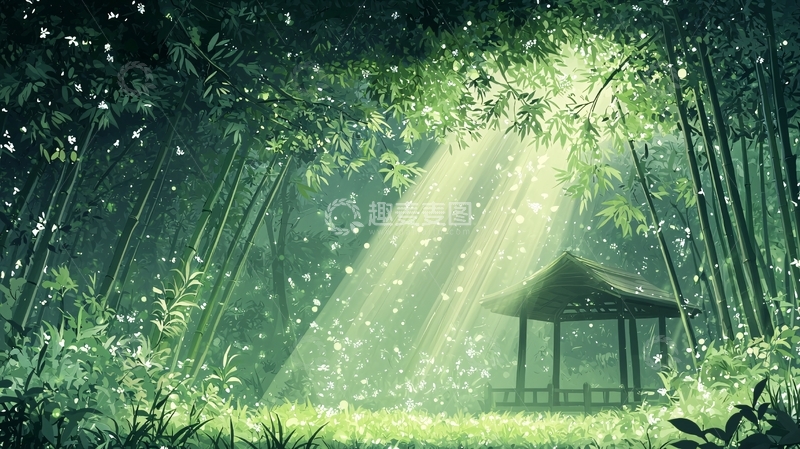 高清大图下载【趣麦麦图】阳光穿透竹林的小亭子