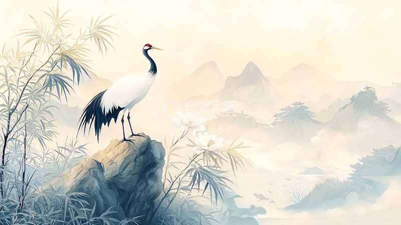 高清大图下载【趣麦麦图】仙鹤立于山石之上