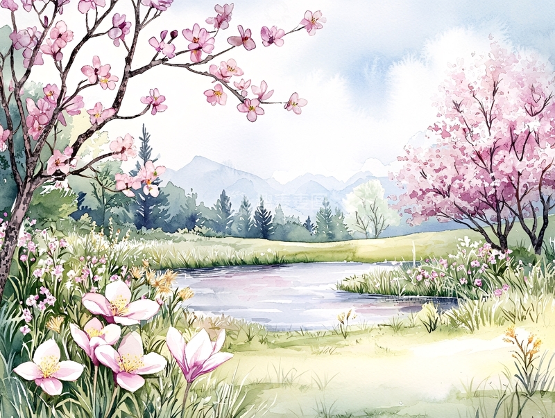 高清大图下载【趣麦麦图】春日水畔繁花盛开