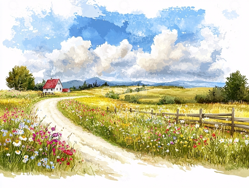 高清大图下载【趣麦麦图】田园风光水彩画