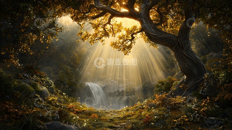 高清大图下载【趣麦麦图】光线穿透森林的瀑布