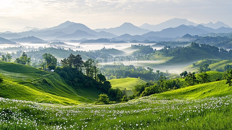 高清大图下载【趣麦麦图】绿色山丘上的晨雾景色