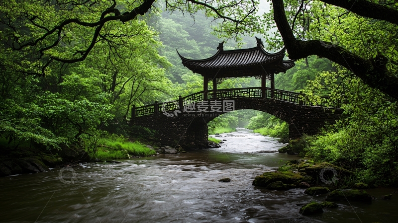 高清大图下载【趣麦麦图】绿树掩映下的中式石桥