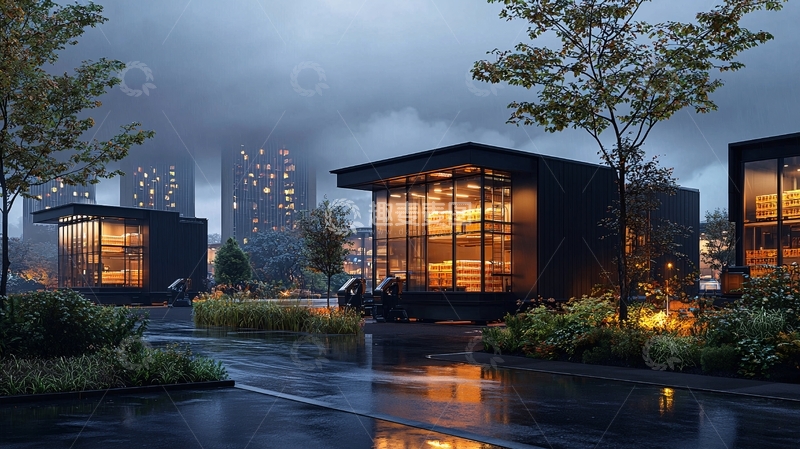 高清大图下载【趣麦麦图】现代小屋夜景