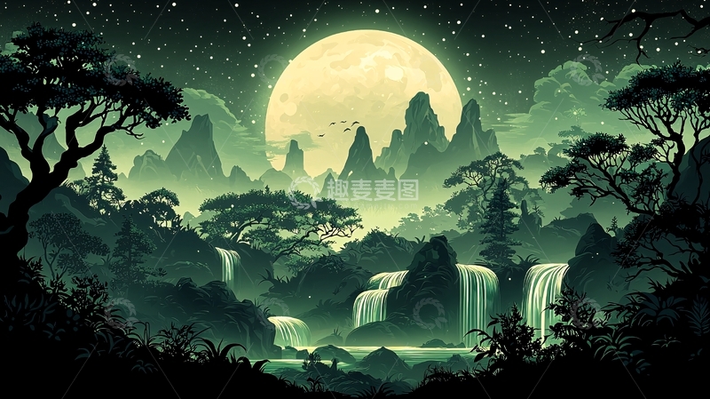 高清大图下载【趣麦麦图】月夜下的山水画卷