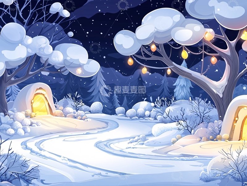 高清大图下载【趣麦麦图】雪夜童话森林场景插画