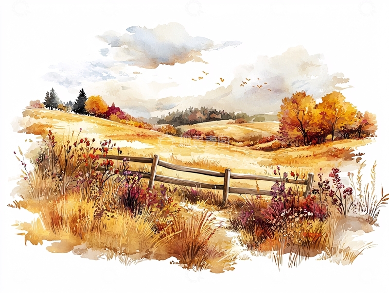 高清大图下载【趣麦麦图】秋日田园风景水彩画