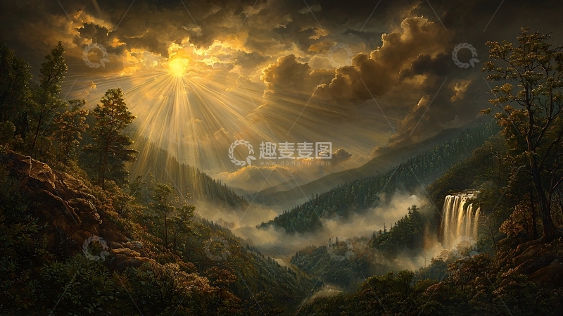 高清大图下载【趣麦麦图】阳光穿透云层照耀山谷
