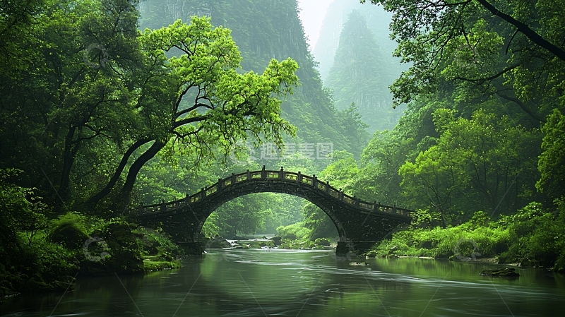 高清大图下载【趣麦麦图】绿树掩映下的石拱桥