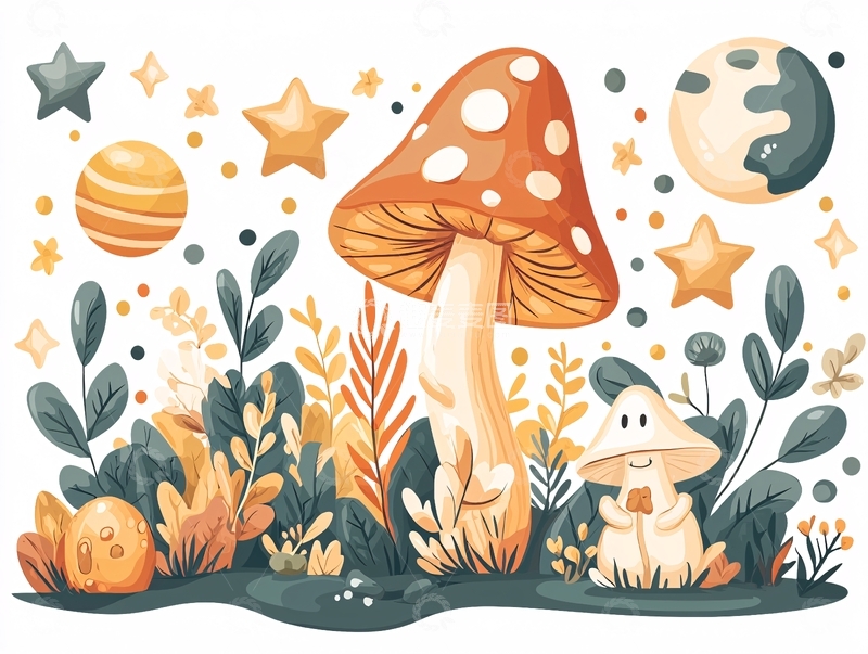高清大图下载【趣麦麦图】蘑菇星月童话插画