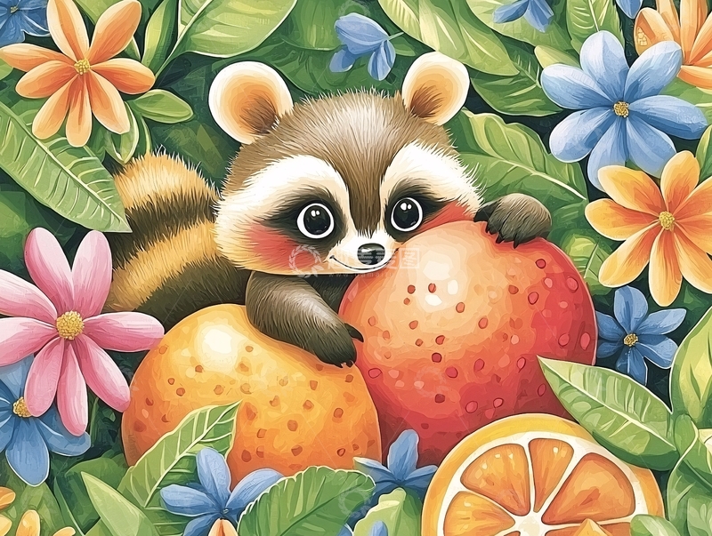 高清大图下载【趣麦麦图】可爱浣熊抱着水果