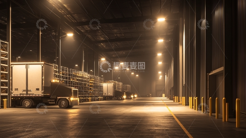 高清大图下载【趣麦麦图】昏暗的仓库内部车辆停放