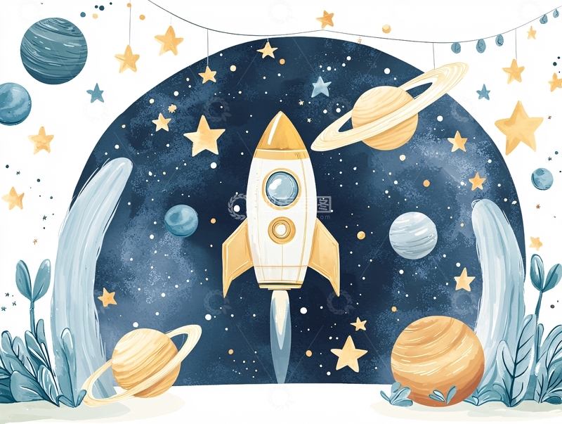 高清大图下载【趣麦麦图】星空火箭宇宙背景插画
