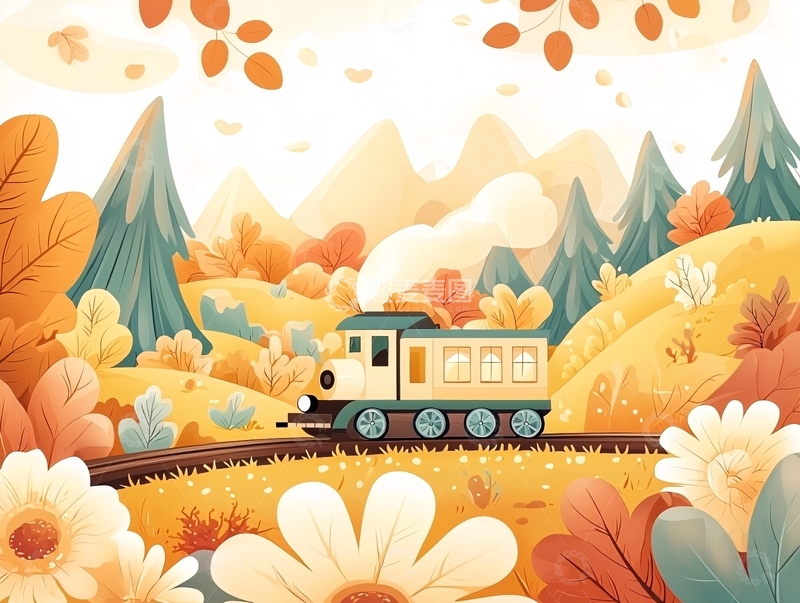 高清大图下载【趣麦麦图】卡通火车行驶在秋季风景中