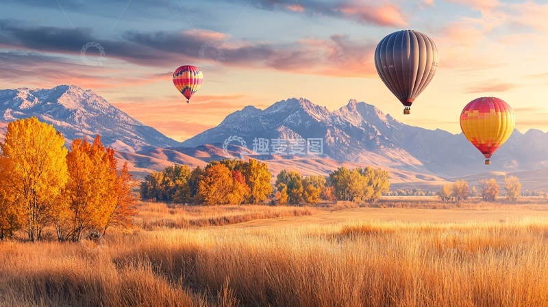 高清大图下载【趣麦麦图】秋日热气球飞越金色田野