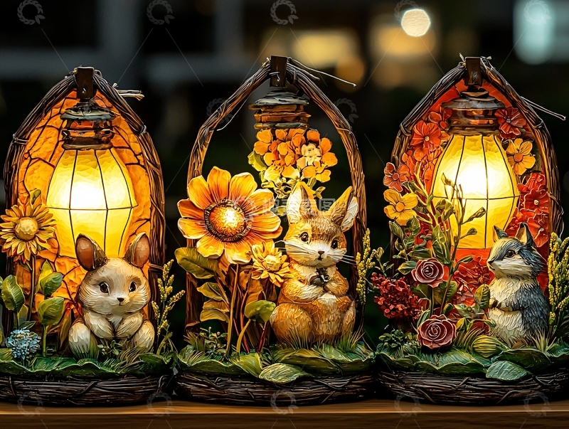 高清大图下载【趣麦麦图】温馨兔子花卉夜灯摆件