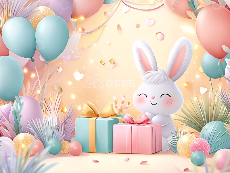 高清大图下载【趣麦麦图】卡通兔子与粉色气球背景