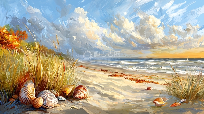 高清大图下载【趣麦麦图】金色沙滩海浪与天空云彩