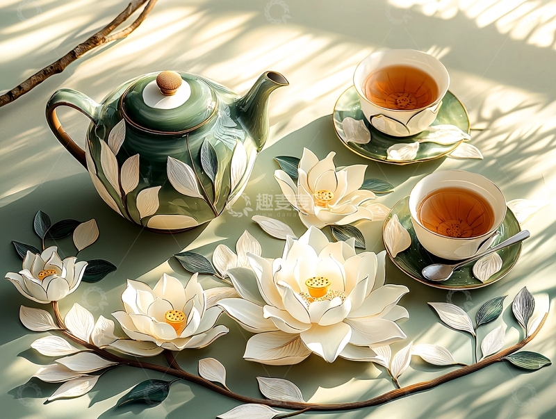 高清大图下载【趣麦麦图】茶具与莲花的静谧