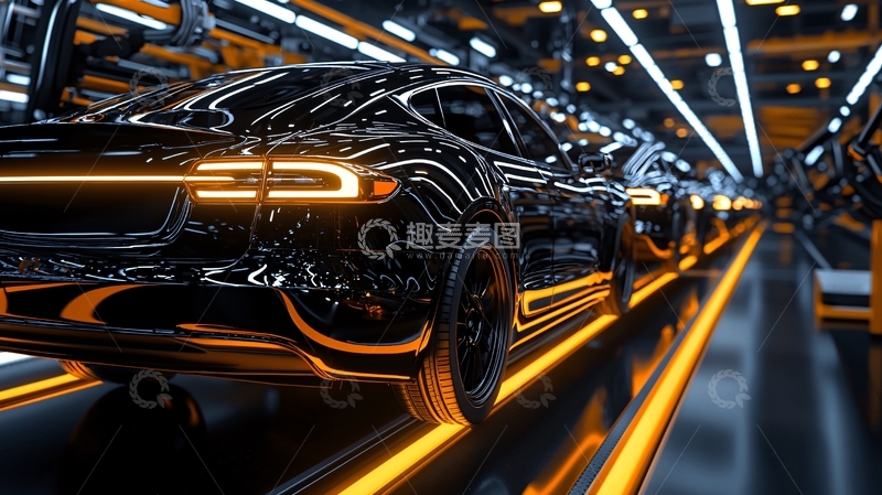 高清大图下载【趣麦麦图】黑色汽车在自动化生产线上