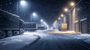 雪夜卡车停靠在仓库