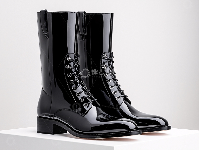高清大图下载【趣麦麦图】黑色漆皮系带中筒靴