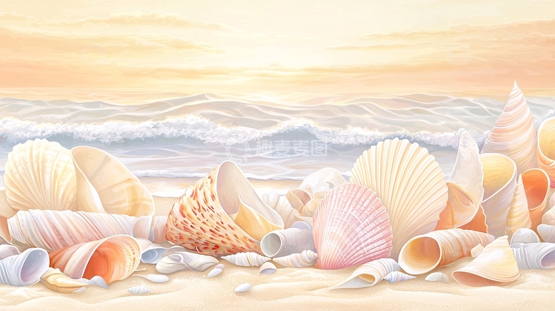 高清大图下载【趣麦麦图】海滩上美丽的贝壳和海浪