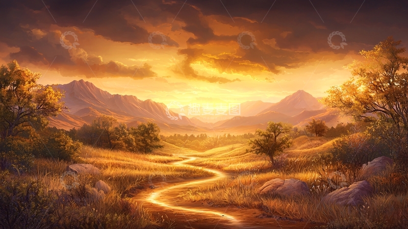 高清大图下载【趣麦麦图】金色田园风光油画风格