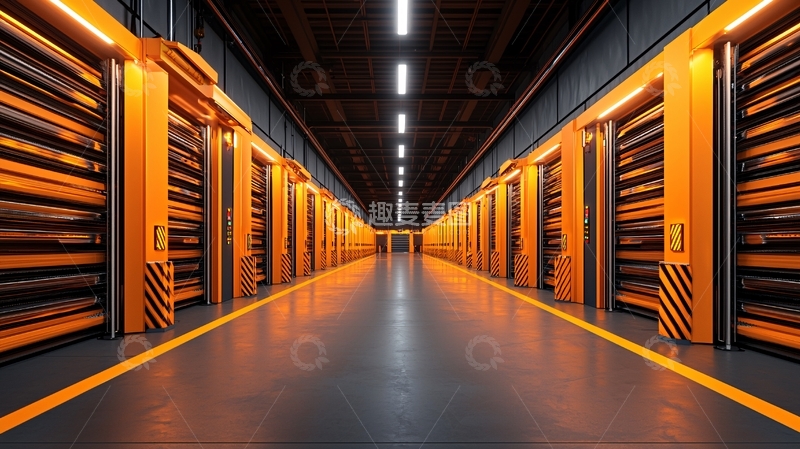 高清大图下载【趣麦麦图】橙色条纹的仓库走廊