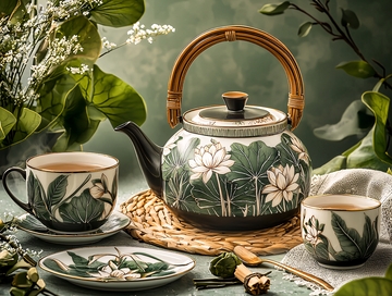 精致茶具与花草的静物