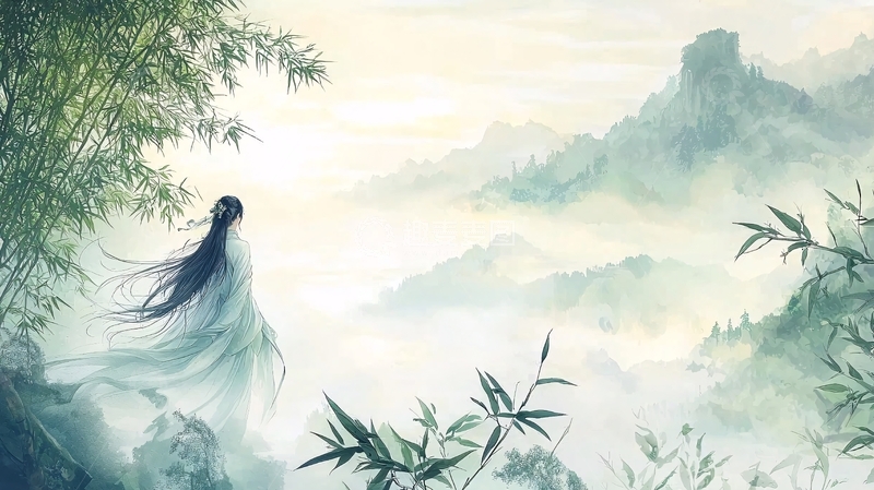 高清大图下载【趣麦麦图】白衣女子山间远眺