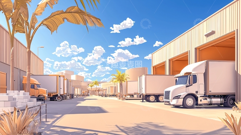 高清大图下载【趣麦麦图】物流园区的卡车停靠场景