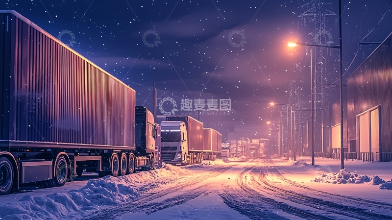 高清大图下载【趣麦麦图】雪夜下的卡车车队