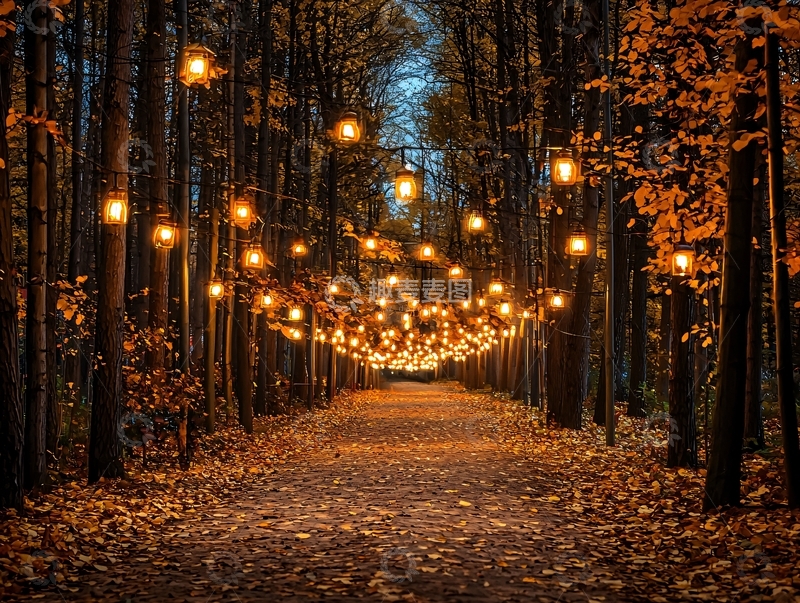 高清大图下载【趣麦麦图】秋夜森林灯光小径