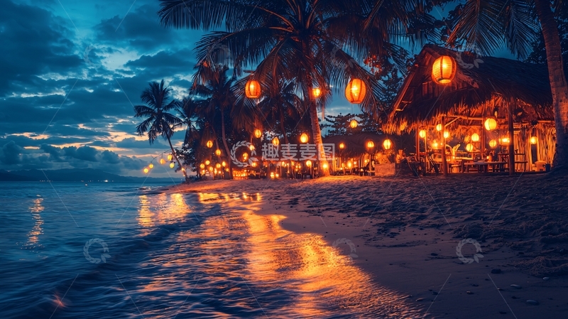 高清大图下载【趣麦麦图】海边夜景灯光温暖氛围