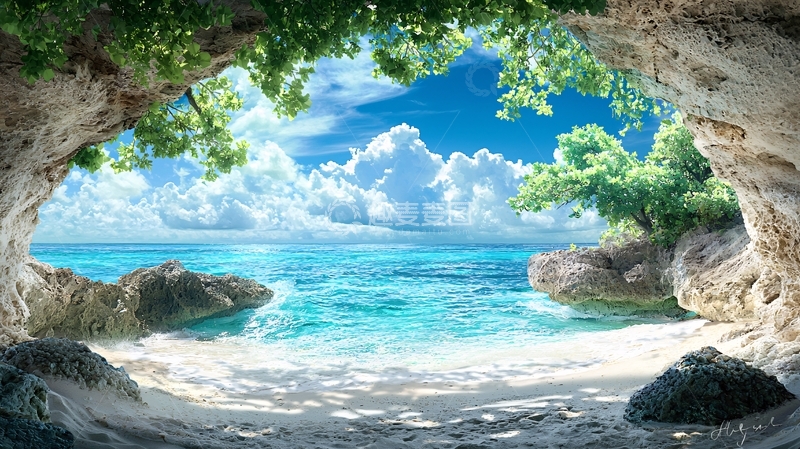 高清大图下载【趣麦麦图】海边洞穴绿植蓝天白云美景
