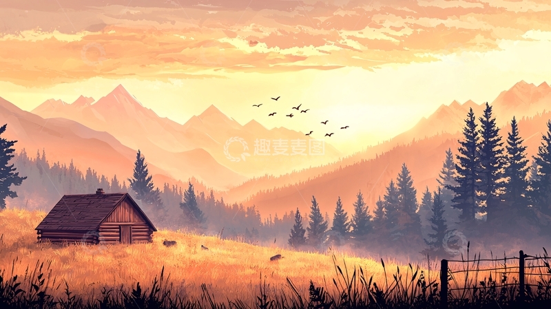 高清大图下载【趣麦麦图】田园小屋在山间日落时分