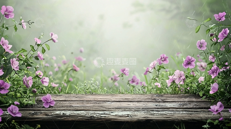 高清大图下载【趣麦麦图】紫色花朵绿色草地木板