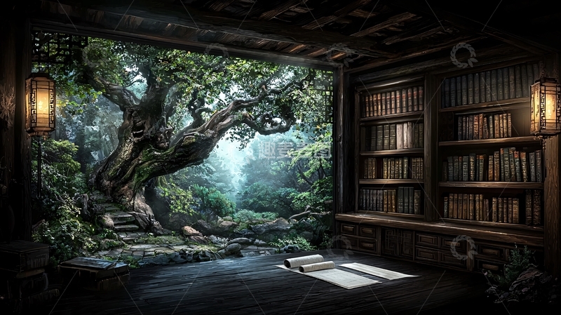 高清大图下载【趣麦麦图】书籍环绕的窗外森林