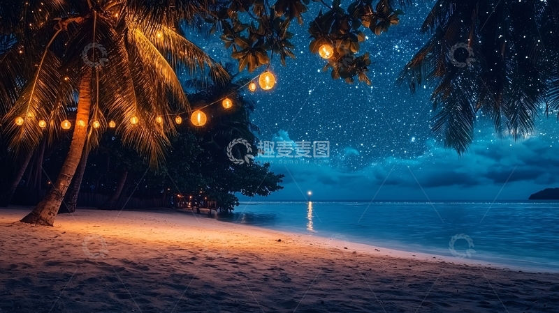 高清大图下载【趣麦麦图】夜间海滩棕榈树灯光