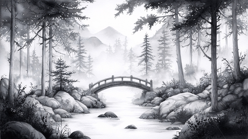 高清大图下载【趣麦麦图】黑白水墨风桥和森林