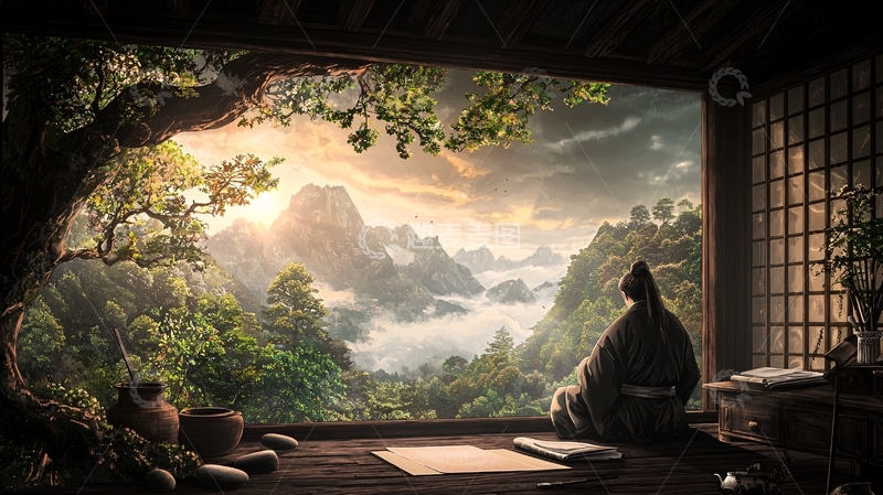 高清大图下载【趣麦麦图】窗前观山水的人