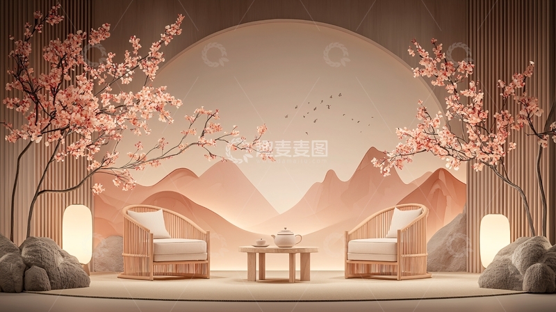 高清大图下载【趣麦麦图】中国风桃花山水背景