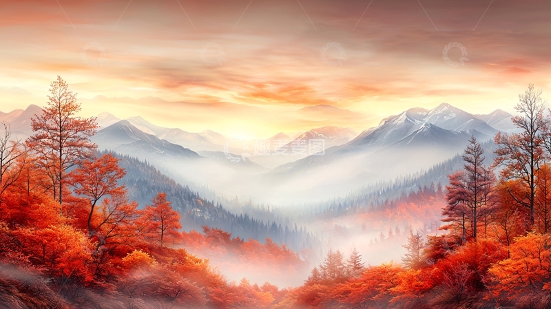 高清大图下载【趣麦麦图】秋日山峦笼罩在薄雾中
