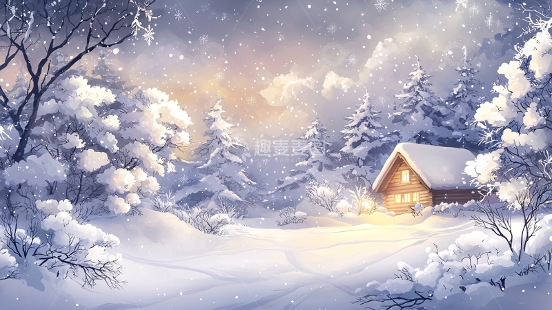 高清大图下载【趣麦麦图】冬日雪景中的小屋